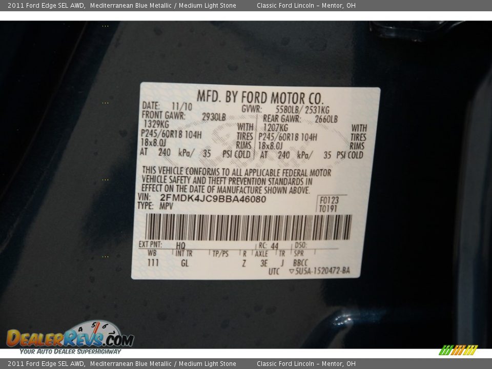 2011 Ford Edge SEL AWD Mediterranean Blue Metallic / Medium Light Stone Photo #20