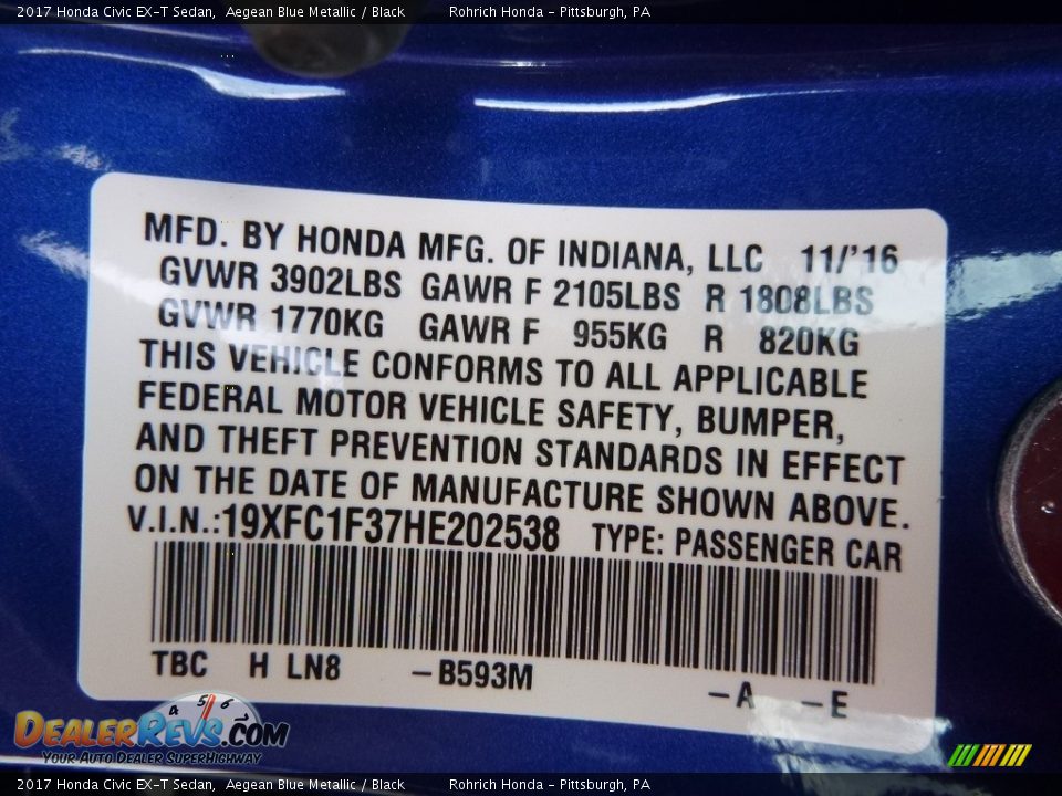 2017 Honda Civic EX-T Sedan Aegean Blue Metallic / Black Photo #10