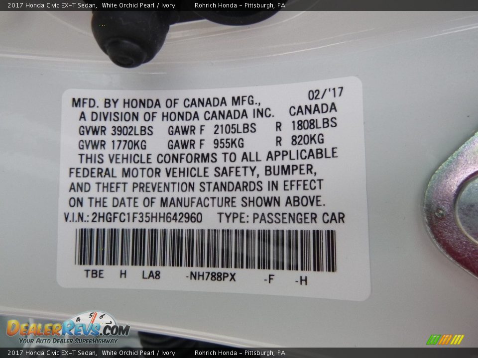 2017 Honda Civic EX-T Sedan White Orchid Pearl / Ivory Photo #10