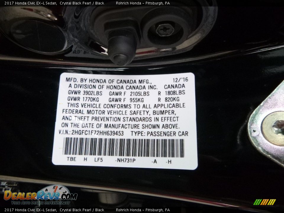 2017 Honda Civic EX-L Sedan Crystal Black Pearl / Black Photo #10