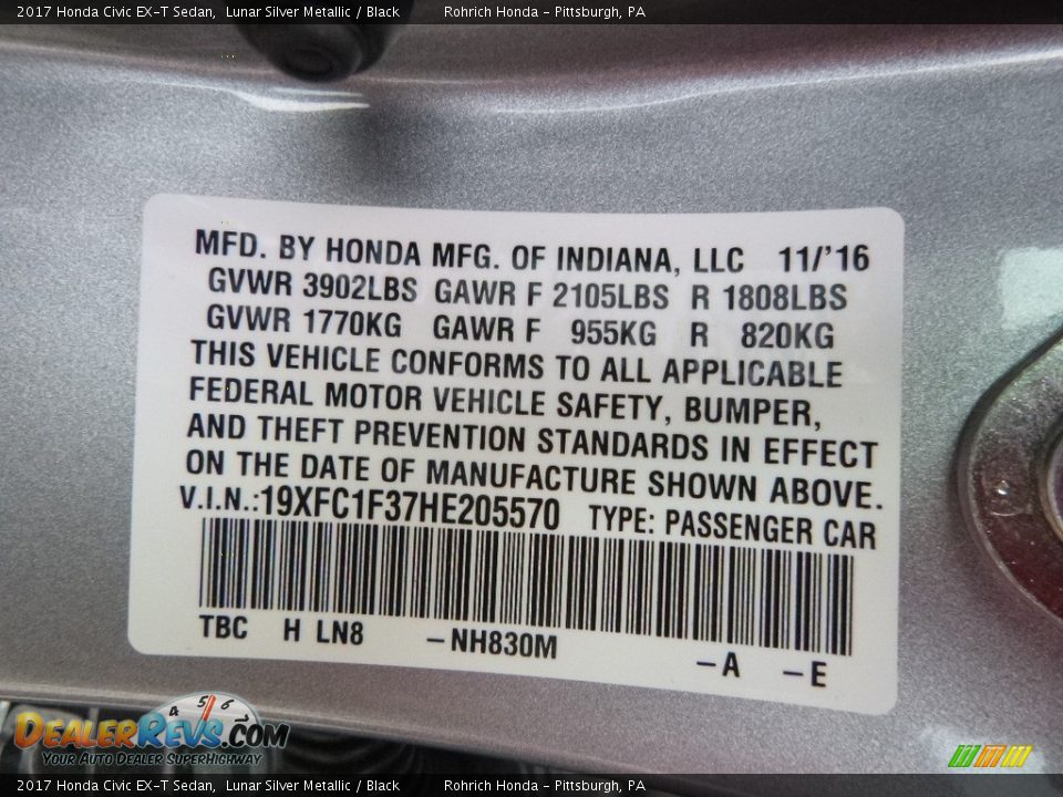 2017 Honda Civic EX-T Sedan Lunar Silver Metallic / Black Photo #10