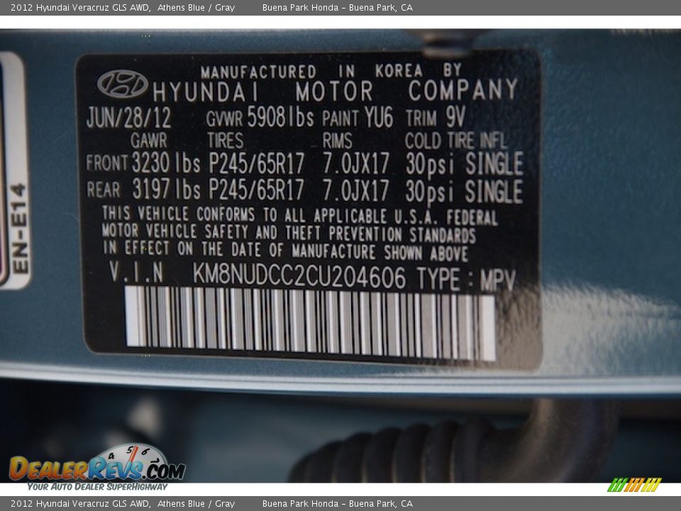 2012 Hyundai Veracruz GLS AWD Athens Blue / Gray Photo #32