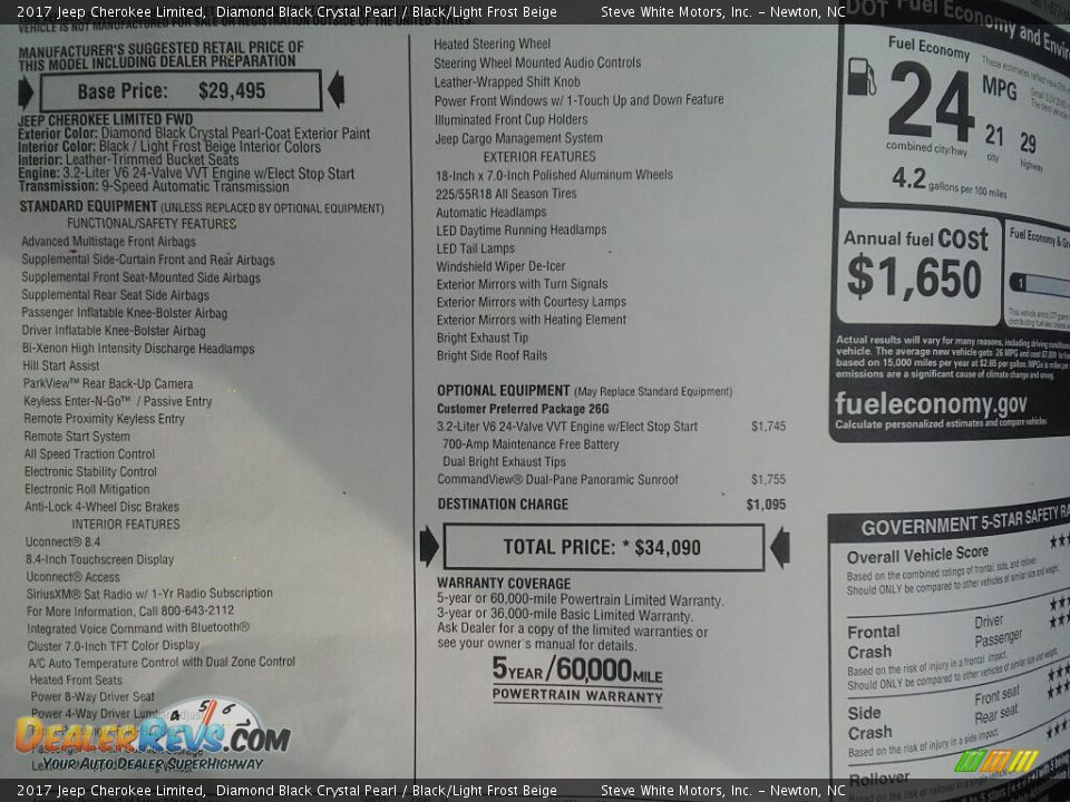 2017 Jeep Cherokee Limited Diamond Black Crystal Pearl / Black/Light Frost Beige Photo #32