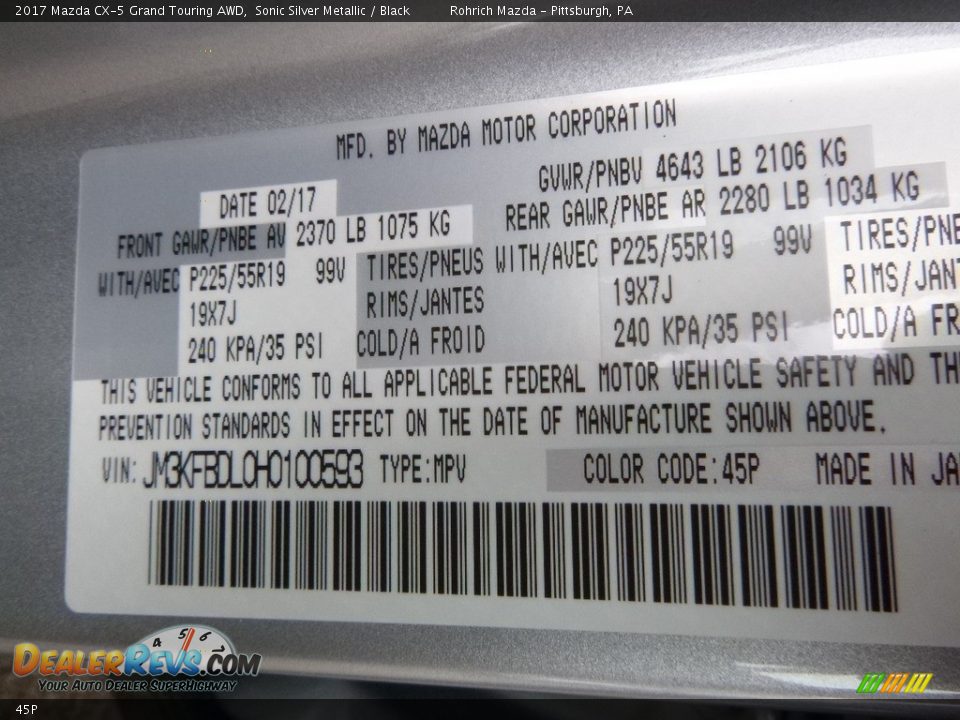 Mazda Color Code 45P Sonic Silver Metallic