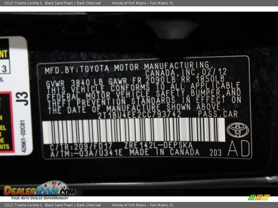 2012 Toyota Corolla S Black Sand Pearl / Dark Charcoal Photo #29