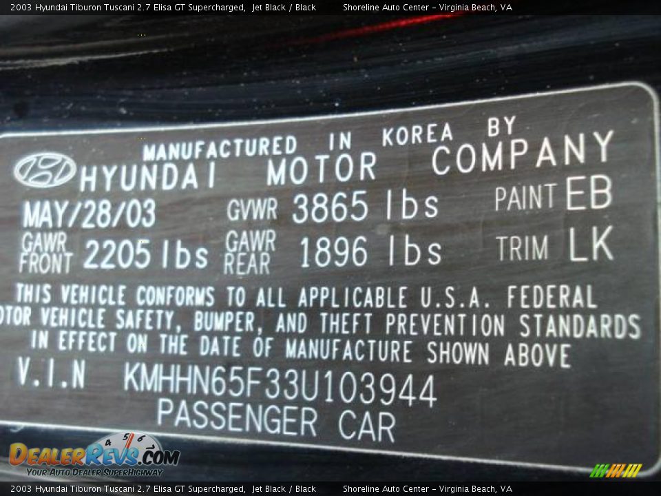 2003 Hyundai Tiburon Tuscani 2.7 Elisa GT Supercharged Jet Black / Black Photo #22