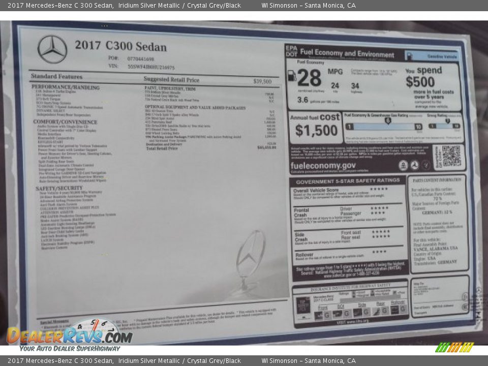 2017 Mercedes-Benz C 300 Sedan Iridium Silver Metallic / Crystal Grey/Black Photo #11