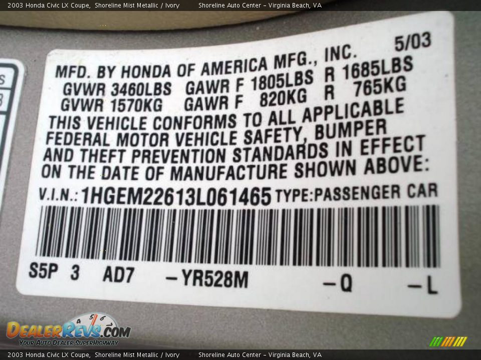 2003 Honda Civic LX Coupe Shoreline Mist Metallic / Ivory Photo #16