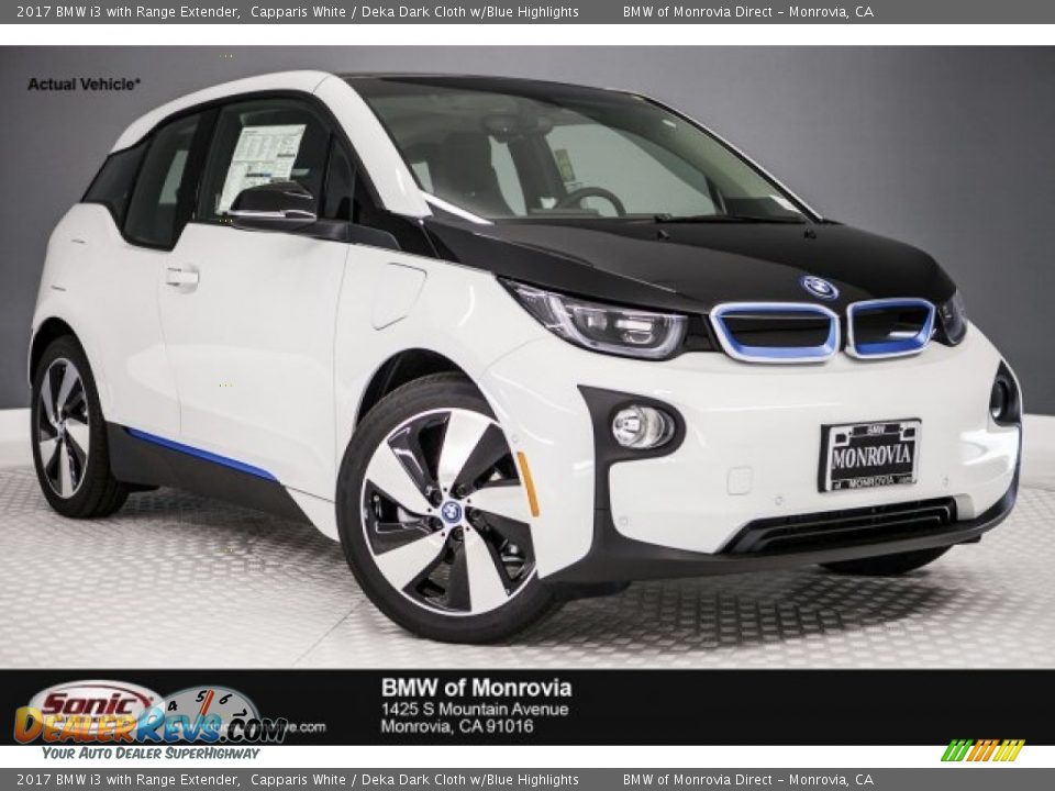 2017 BMW i3 with Range Extender Capparis White / Deka Dark Cloth w/Blue Highlights Photo #1