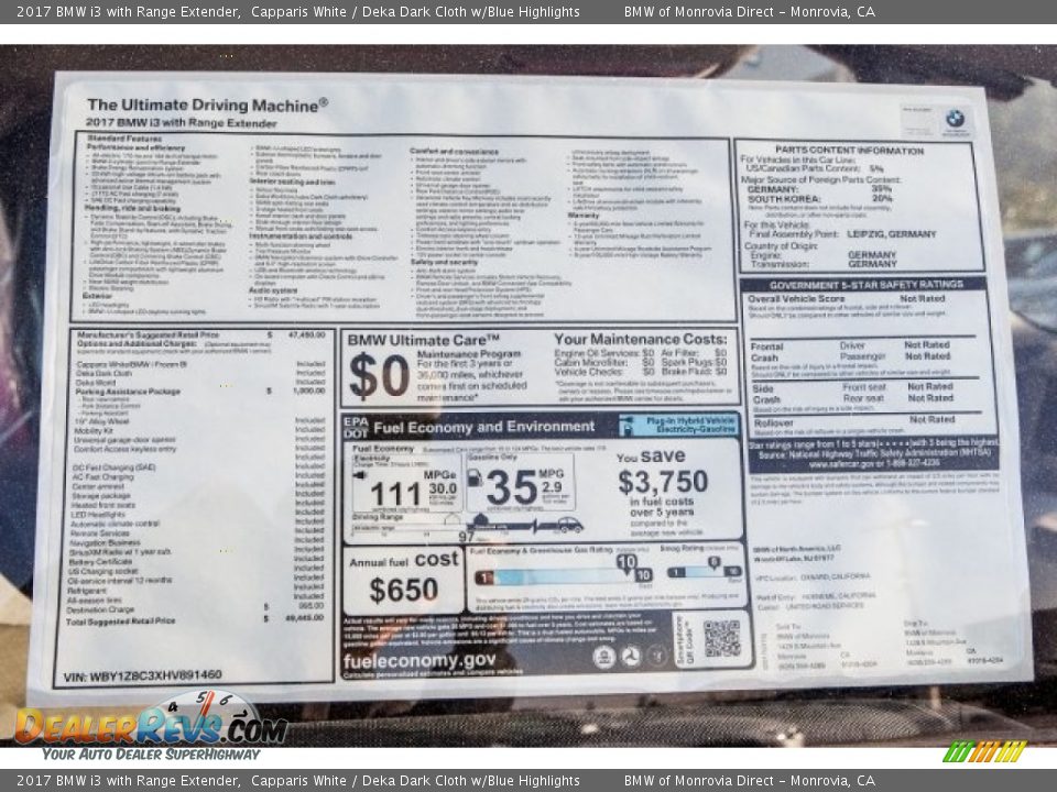 2017 BMW i3 with Range Extender Window Sticker Photo #10