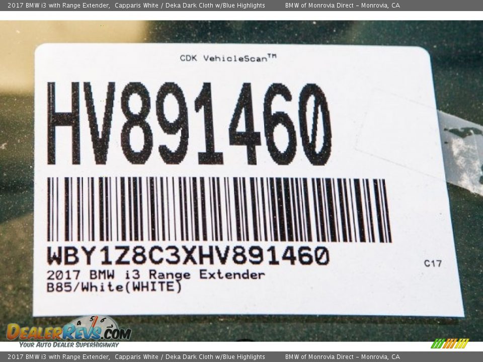 2017 BMW i3 with Range Extender Capparis White / Deka Dark Cloth w/Blue Highlights Photo #11