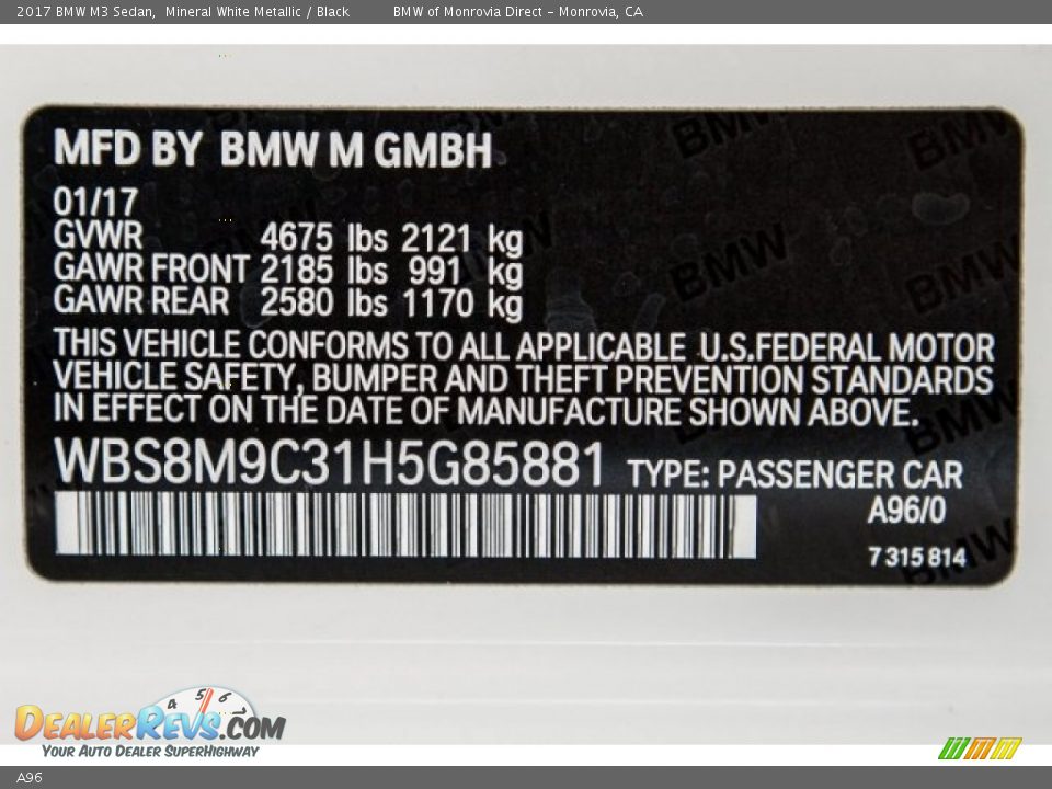 BMW Color Code A96 Mineral White Metallic