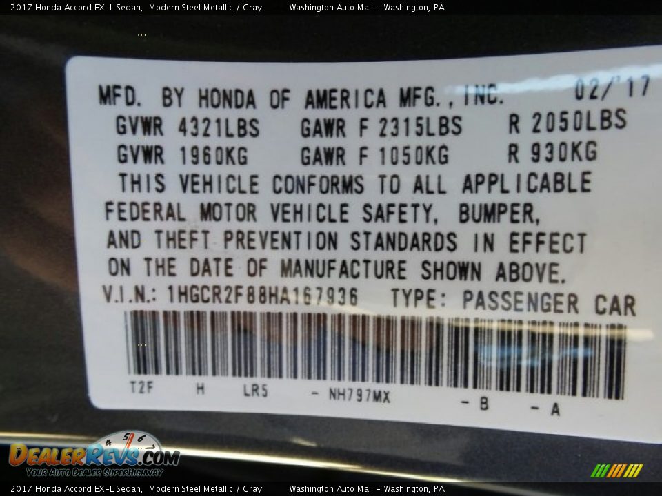 2017 Honda Accord EX-L Sedan Modern Steel Metallic / Gray Photo #8