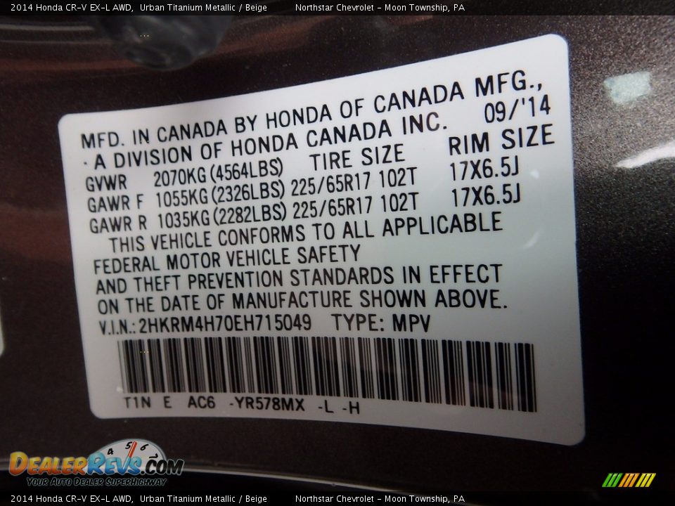 2014 Honda CR-V EX-L AWD Urban Titanium Metallic / Beige Photo #28