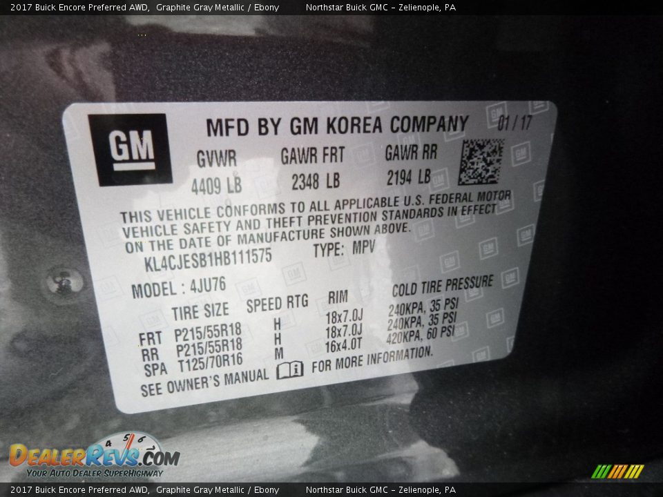 2017 Buick Encore Preferred AWD Graphite Gray Metallic / Ebony Photo #16