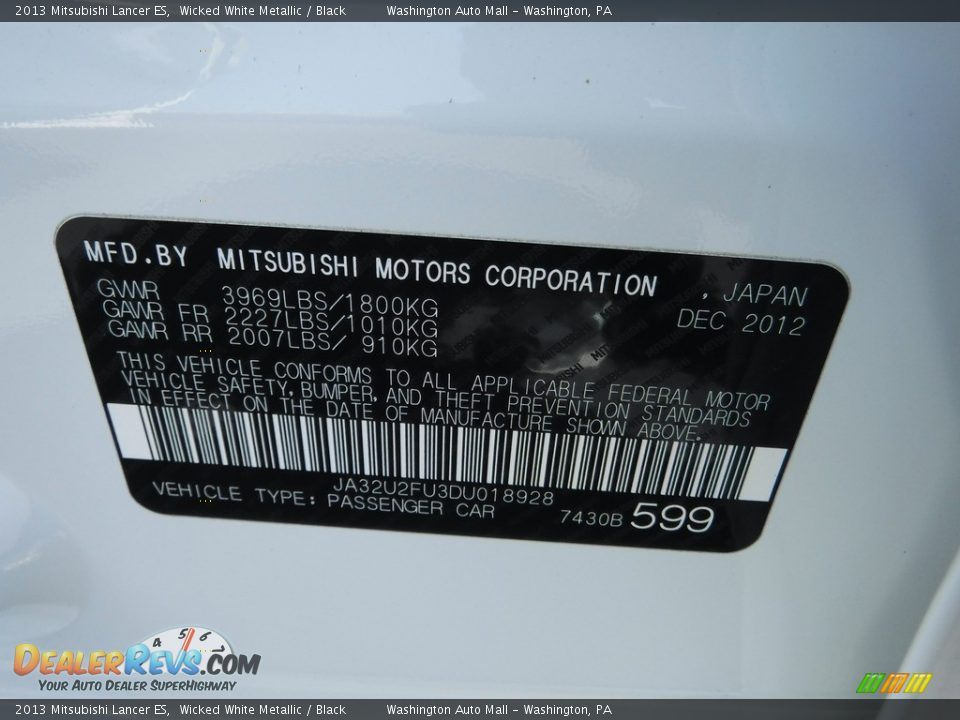 2013 Mitsubishi Lancer ES Wicked White Metallic / Black Photo #22