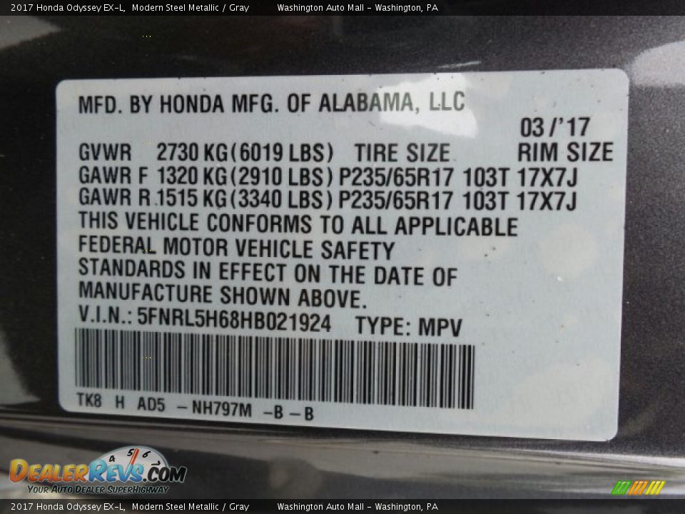 2017 Honda Odyssey EX-L Modern Steel Metallic / Gray Photo #8