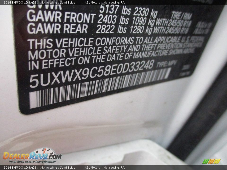 2014 BMW X3 xDrive28i Alpine White / Sand Beige Photo #9