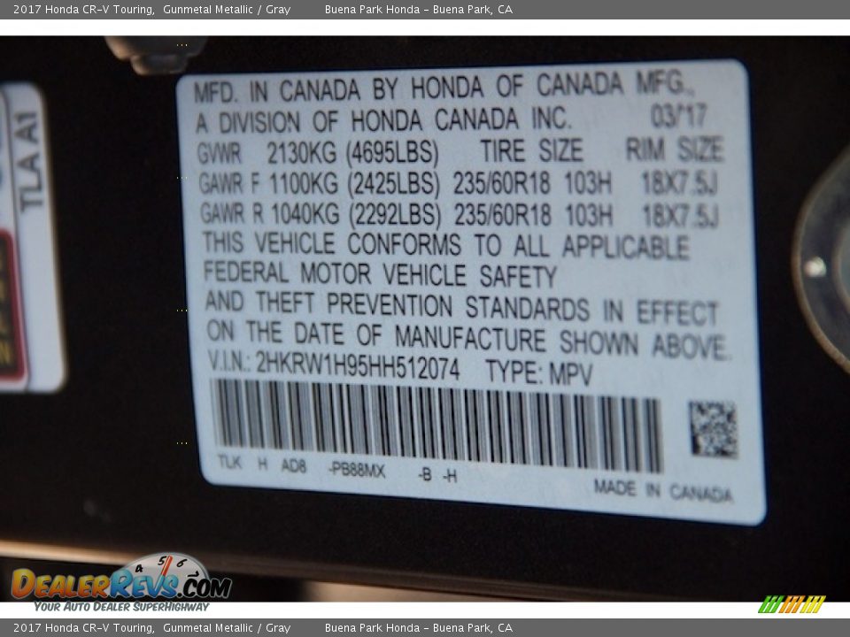 2017 Honda CR-V Touring Gunmetal Metallic / Gray Photo #20
