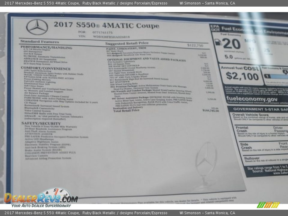 2017 Mercedes-Benz S 550 4Matic Coupe Window Sticker Photo #11