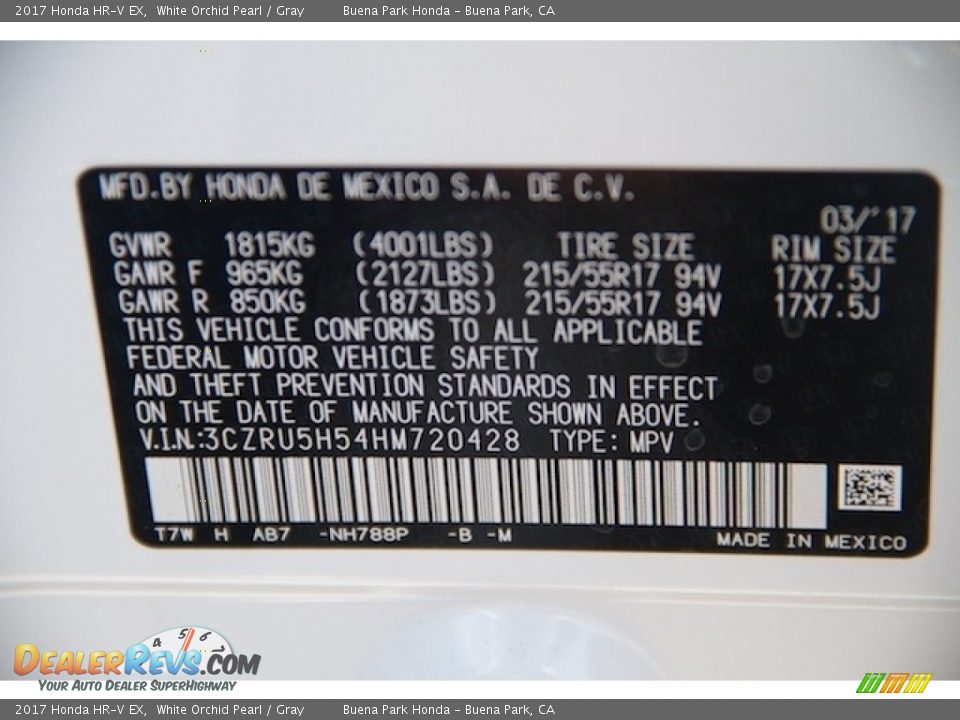 2017 Honda HR-V EX White Orchid Pearl / Gray Photo #19