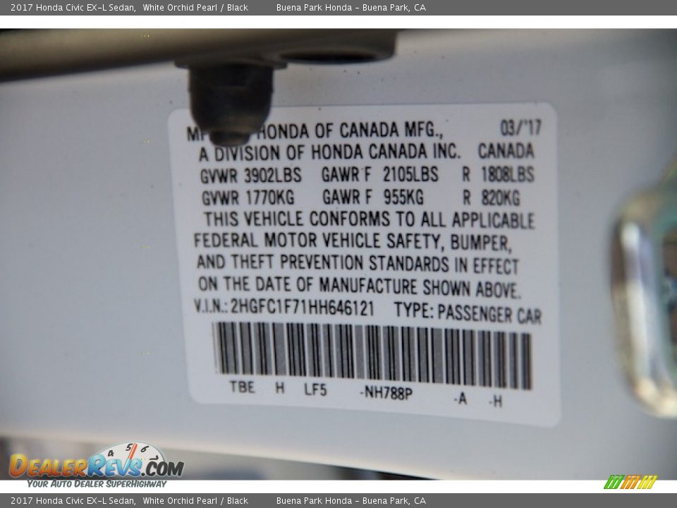 2017 Honda Civic EX-L Sedan White Orchid Pearl / Black Photo #18