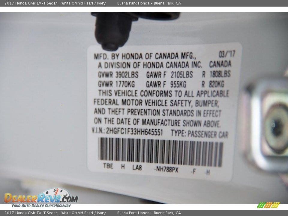 2017 Honda Civic EX-T Sedan White Orchid Pearl / Ivory Photo #18