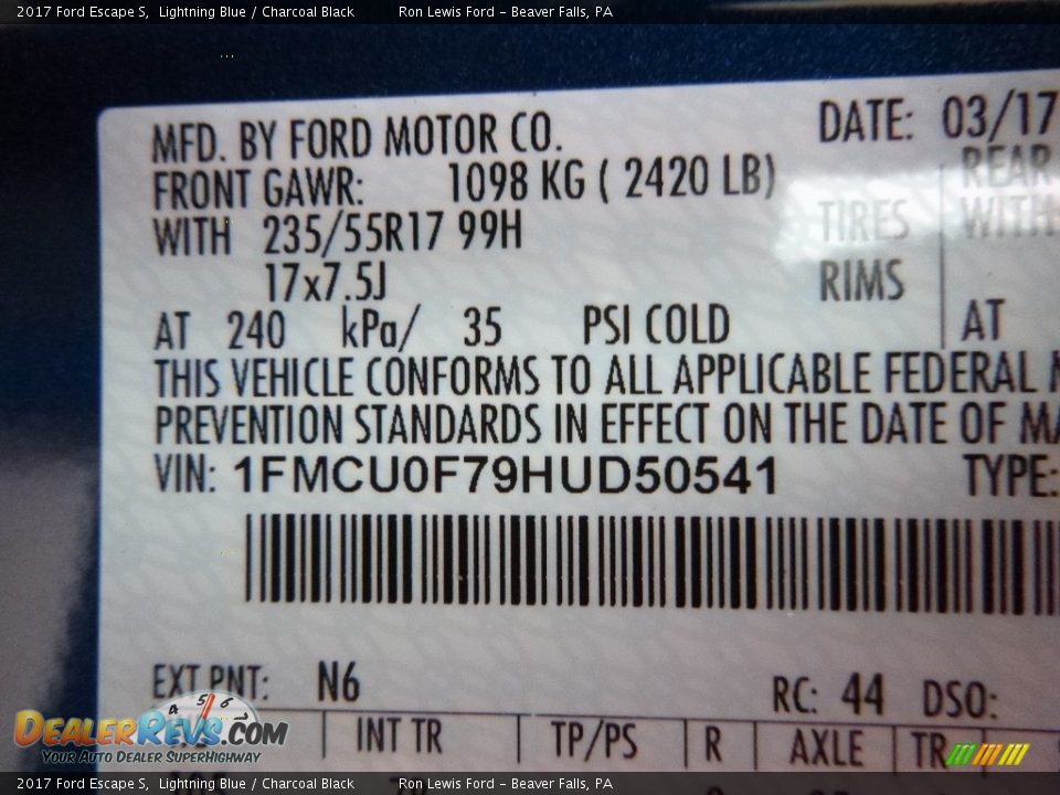 2017 Ford Escape S Lightning Blue / Charcoal Black Photo #16