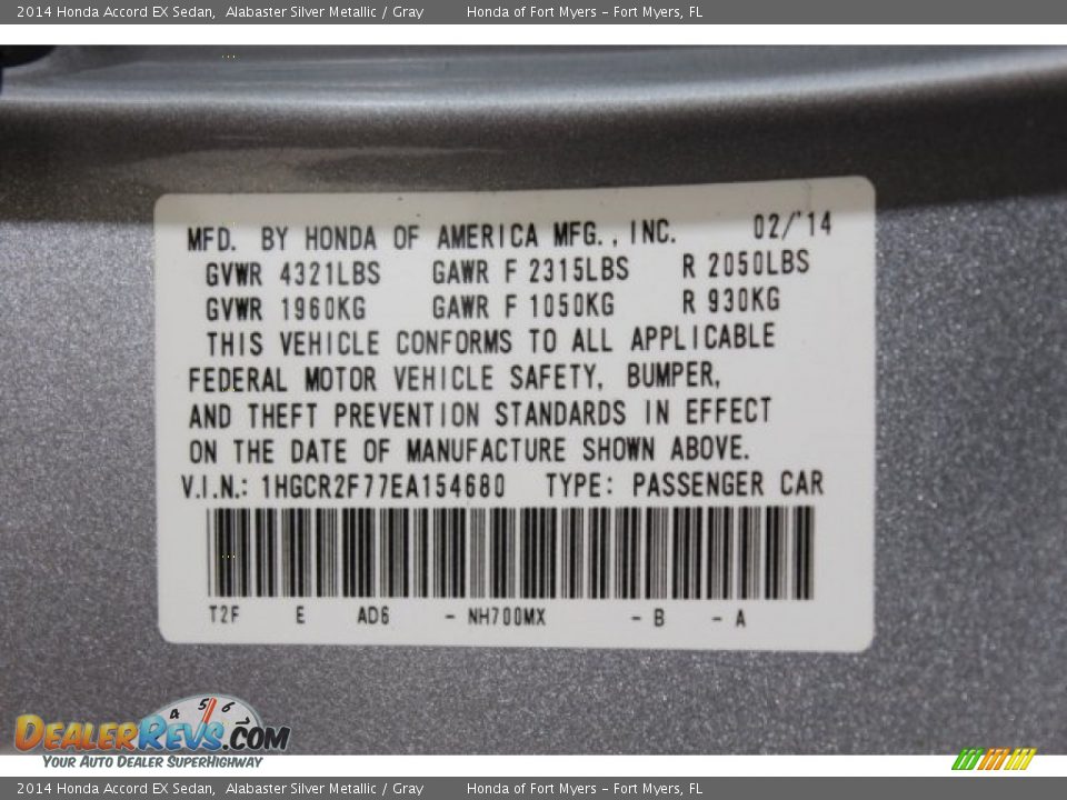 2014 Honda Accord EX Sedan Alabaster Silver Metallic / Gray Photo #35