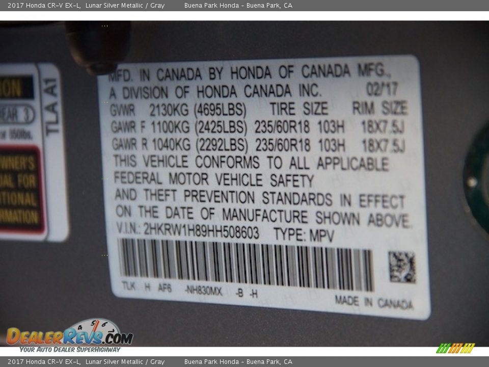 2017 Honda CR-V EX-L Lunar Silver Metallic / Gray Photo #19