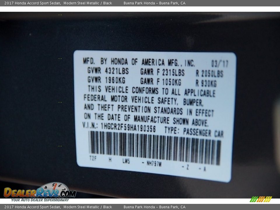 2017 Honda Accord Sport Sedan Modern Steel Metallic / Black Photo #16