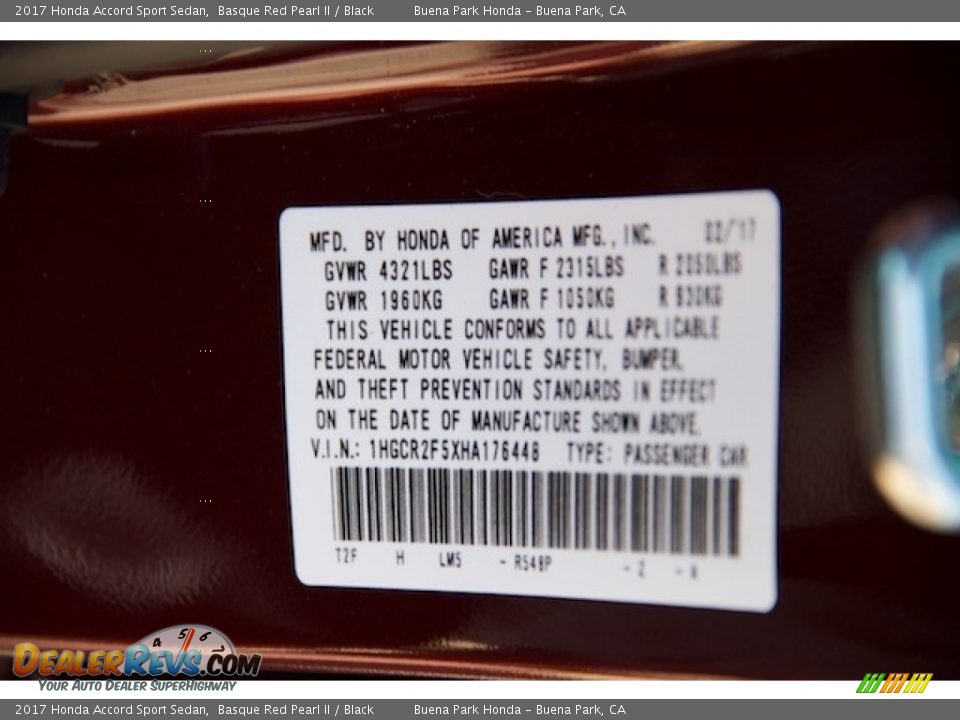 2017 Honda Accord Sport Sedan Basque Red Pearl II / Black Photo #16