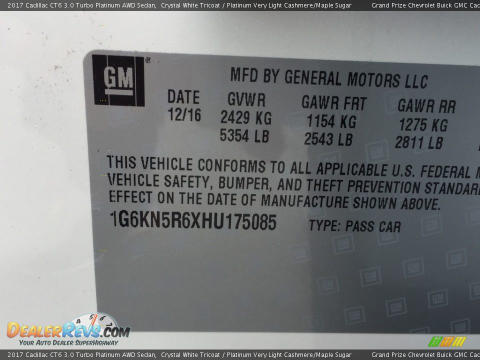 2017 Cadillac CT6 3.0 Turbo Platinum AWD Sedan Crystal White Tricoat / Platinum Very Light Cashmere/Maple Sugar Photo #11