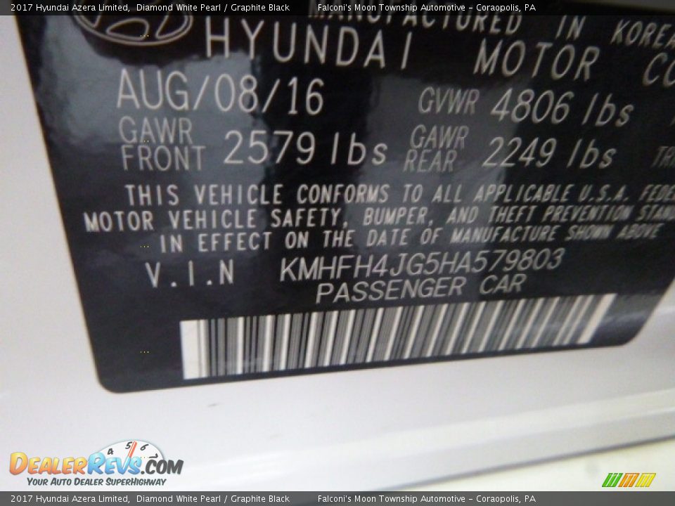 2017 Hyundai Azera Limited Diamond White Pearl / Graphite Black Photo #11
