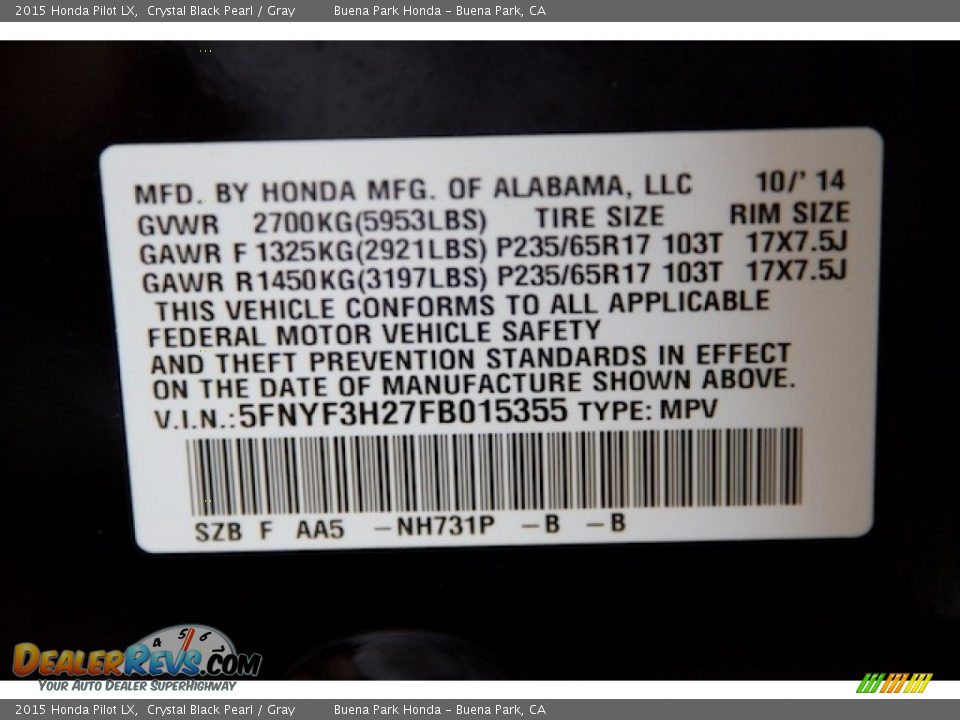 2015 Honda Pilot LX Crystal Black Pearl / Gray Photo #33