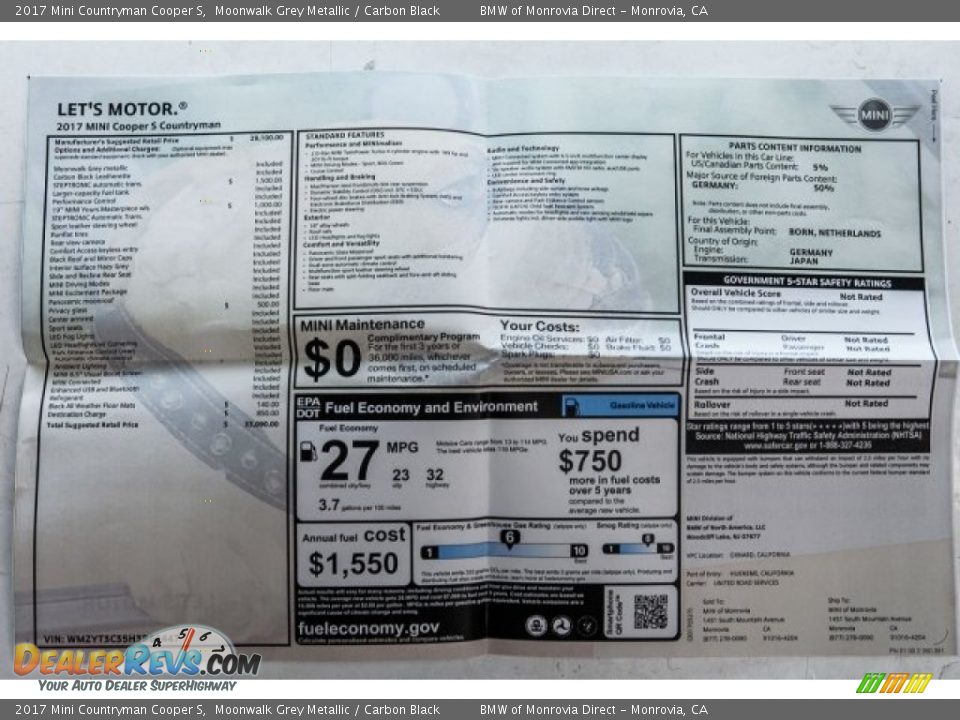 2017 Mini Countryman Cooper S Moonwalk Grey Metallic / Carbon Black Photo #10