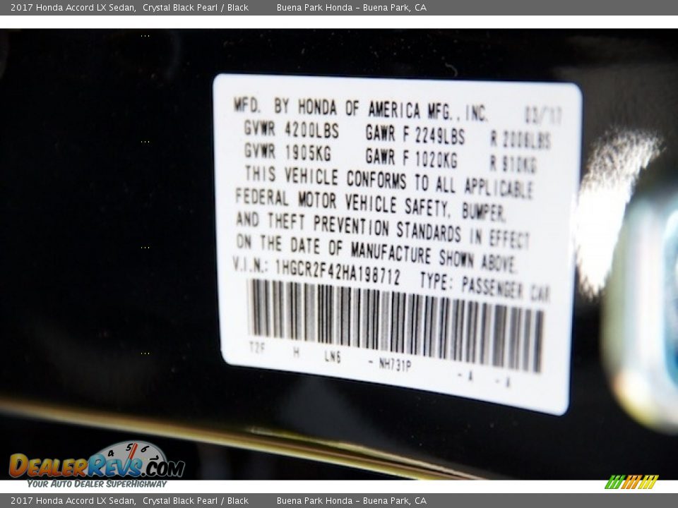 2017 Honda Accord LX Sedan Crystal Black Pearl / Black Photo #16