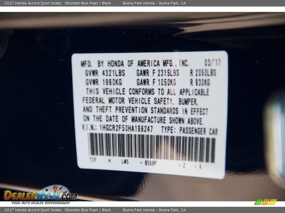 2017 Honda Accord Sport Sedan Obsidian Blue Pearl / Black Photo #15