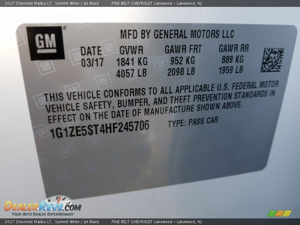 2017 Chevrolet Malibu LT Summit White / Jet Black Photo #7