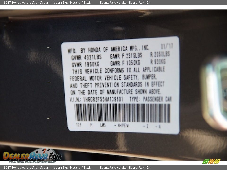 2017 Honda Accord Sport Sedan Modern Steel Metallic / Black Photo #16