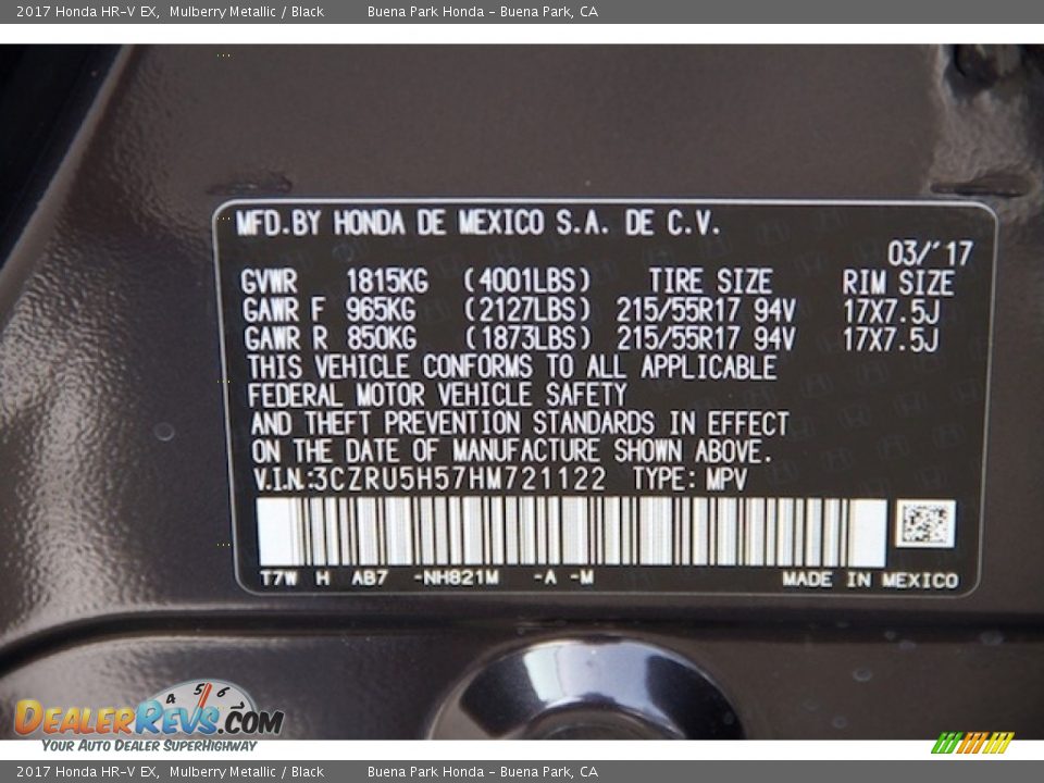 2017 Honda HR-V EX Mulberry Metallic / Black Photo #19
