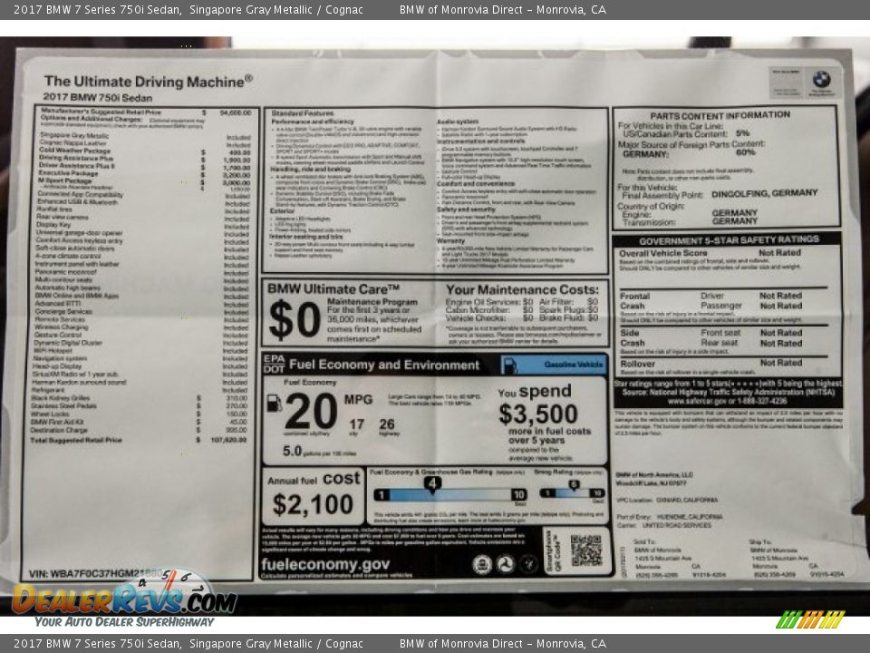 2017 BMW 7 Series 750i Sedan Singapore Gray Metallic / Cognac Photo #10