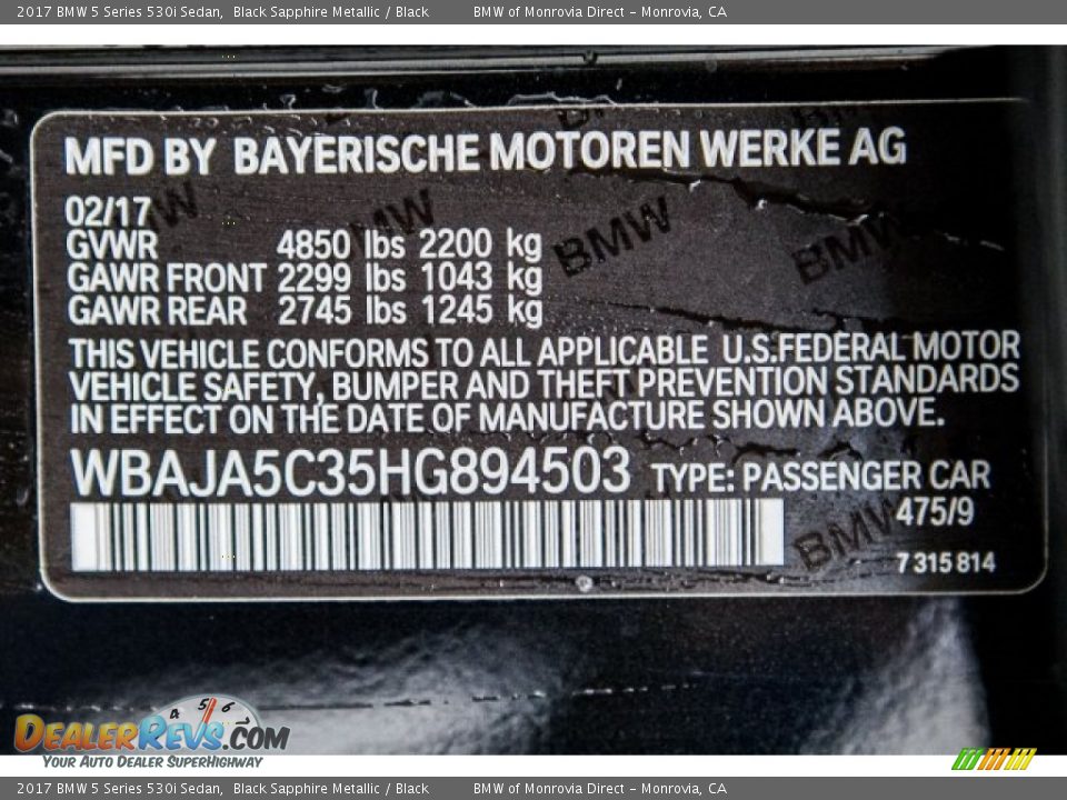 2017 BMW 5 Series 530i Sedan Black Sapphire Metallic / Black Photo #11