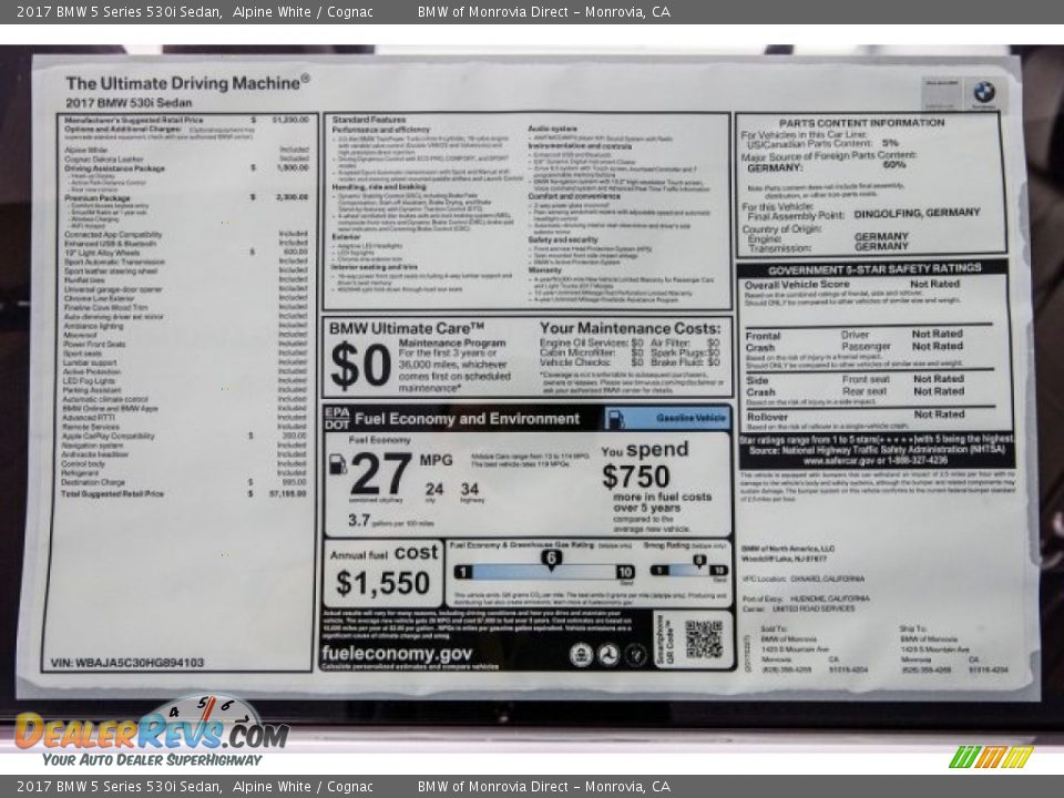 2017 BMW 5 Series 530i Sedan Alpine White / Cognac Photo #10