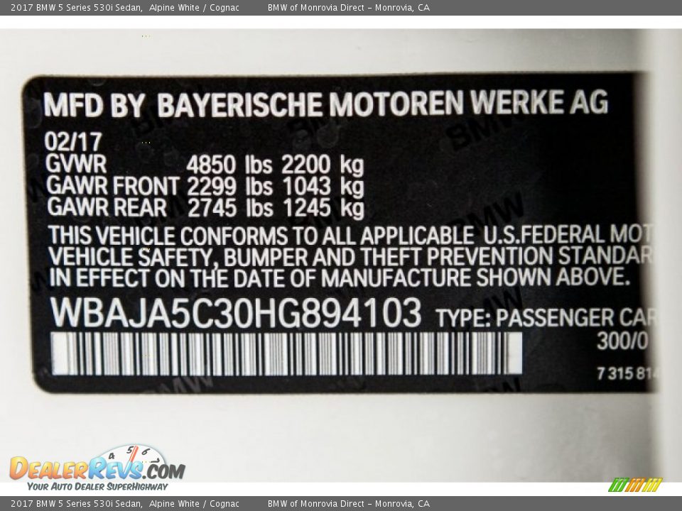 2017 BMW 5 Series 530i Sedan Alpine White / Cognac Photo #11