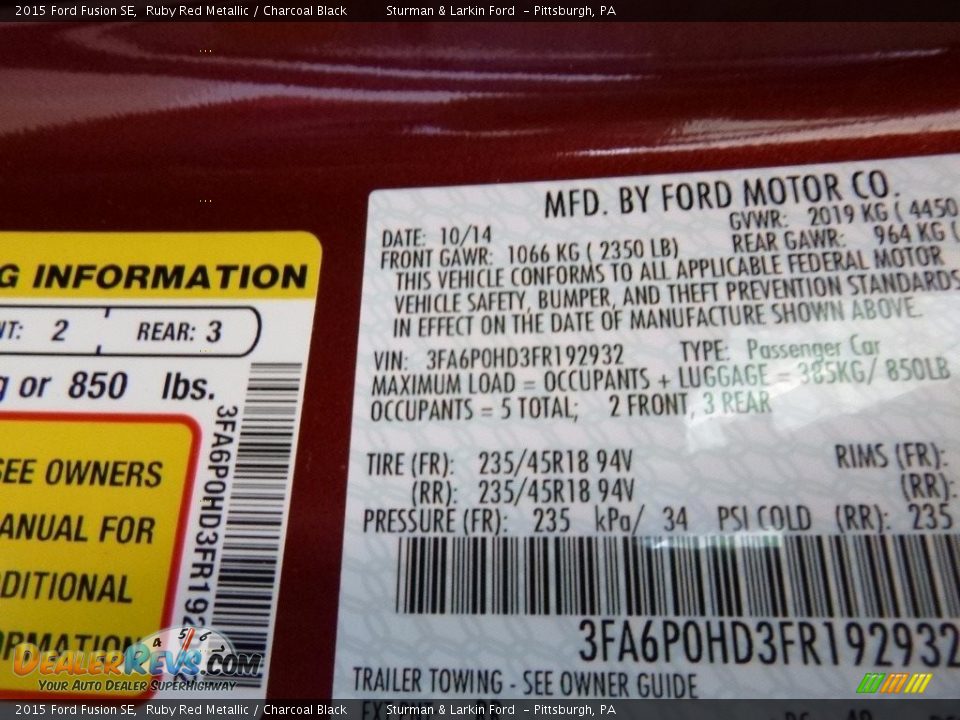2015 Ford Fusion SE Ruby Red Metallic / Charcoal Black Photo #11