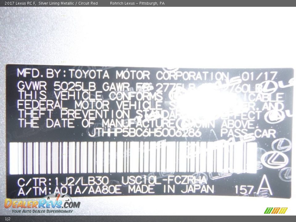 Lexus Color Code 1J2 Silver Lining Metallic