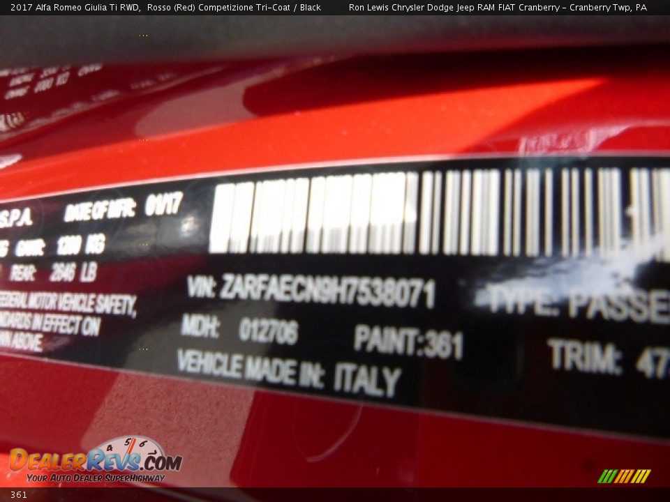 Alfa Romeo Color Code 361 Rosso (Red) Competizione Tri-Coat
