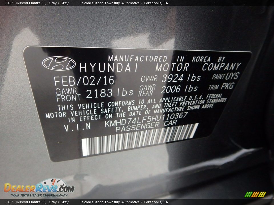 2017 Hyundai Elantra SE Gray / Gray Photo #24