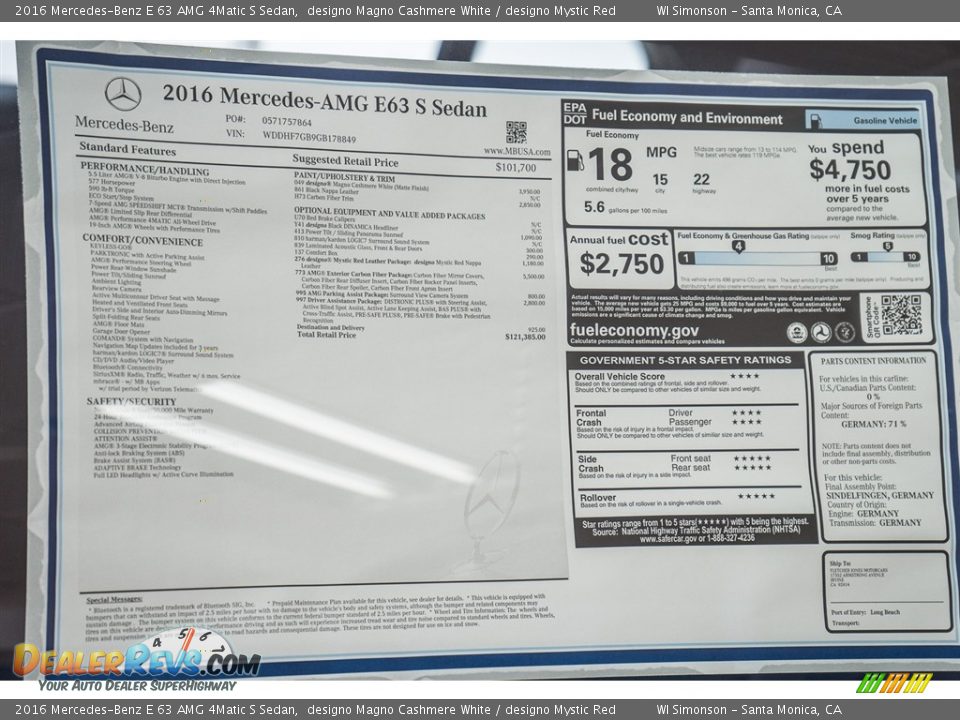 2016 Mercedes-Benz E 63 AMG 4Matic S Sedan Window Sticker Photo #11